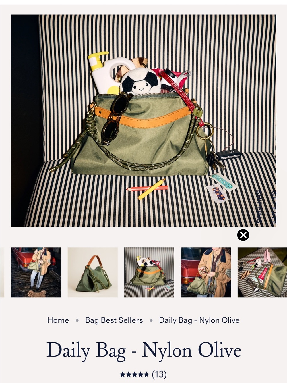 Olive Nylon Shoulder Bag with Tan Accent and Red Strap